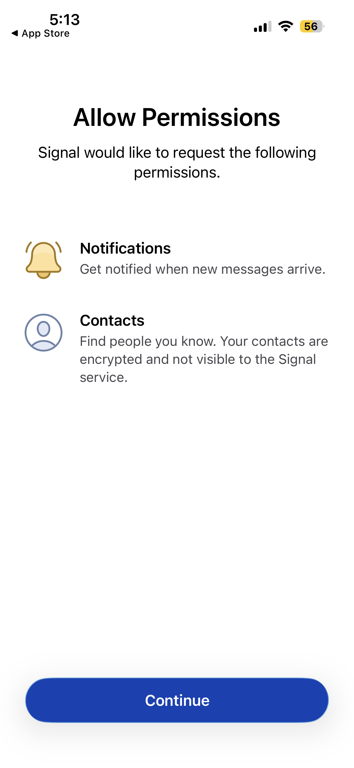 Signal permissions screen - Allow Notifications and Contacts