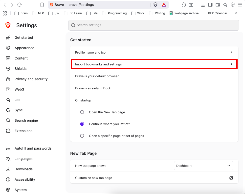 Brave import settings dialog showing options to import from another browser